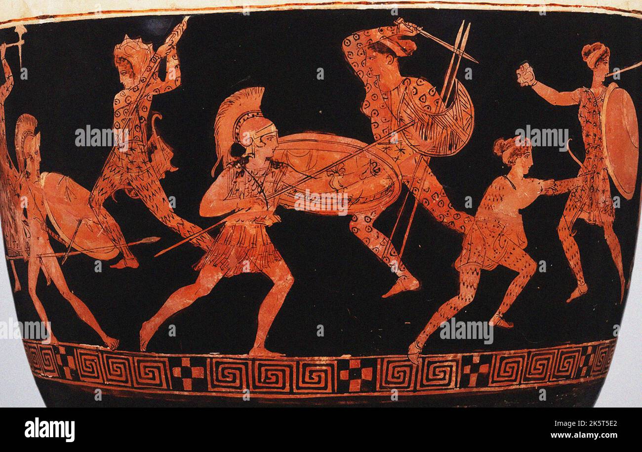 Amazonomachy (Battle of Greeks against Amazons). Lekythos, ca 420-410 BC. Found in the collection of the Metropolitan Museum of Art, New York. Stock Photo