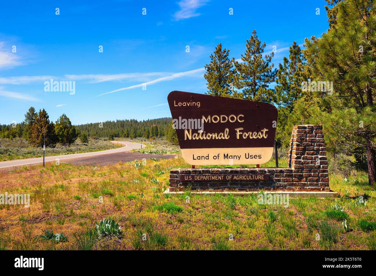 Modoc National Forest street sign located in Northeastern California. Stock Photo