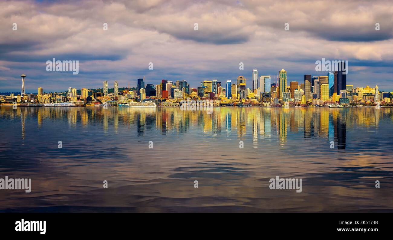 Seattle skyline panorama with reflection in water Stock Photo