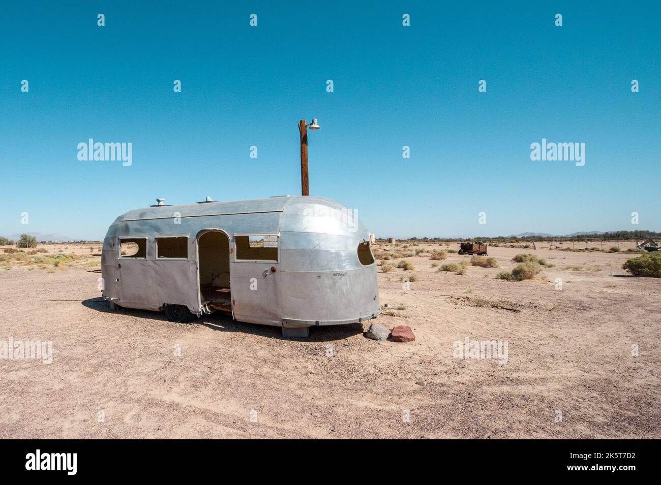 Vintage Airstream trailer outside Bagdad Café in the Mojave Desert on