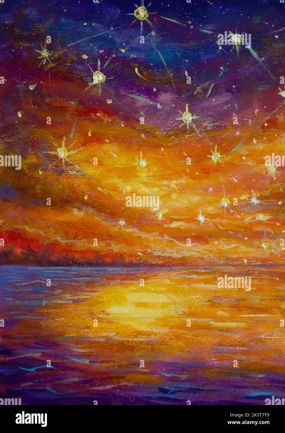 Fairy Sky with Shining Stars at Sunset Oil Painting Impressionism for Children Book Illustration modern artwork Stock Photo