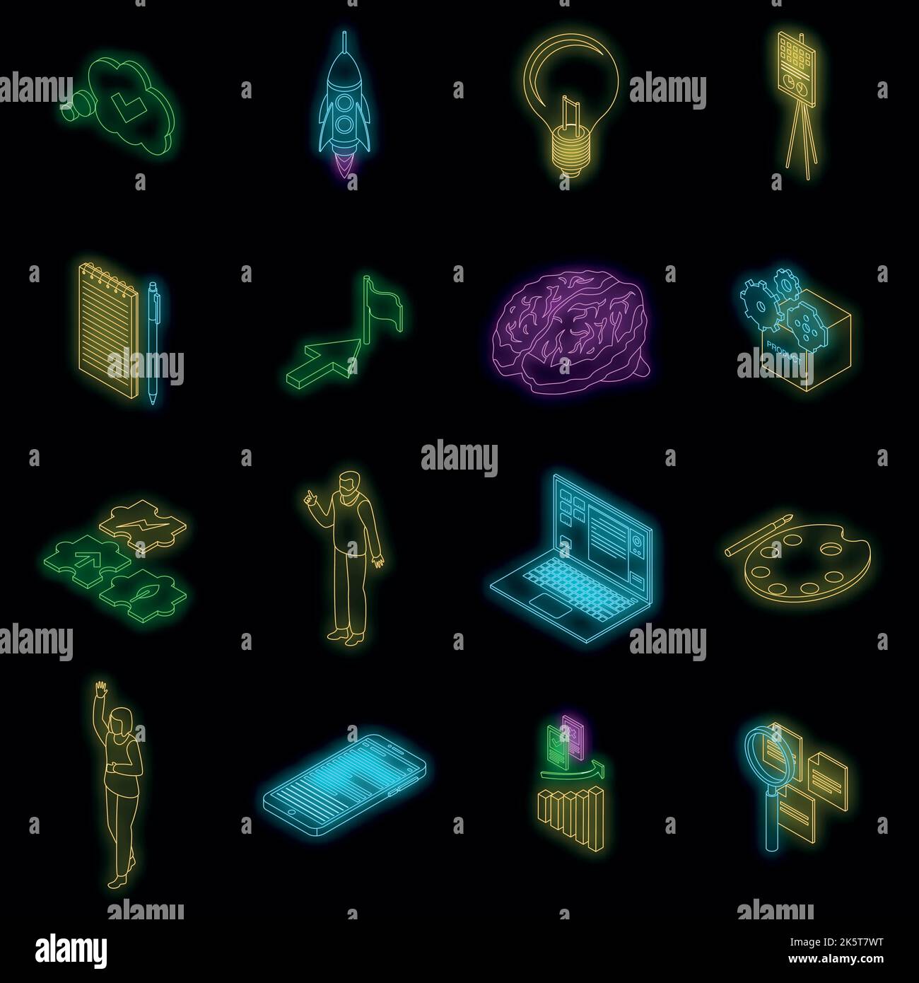 Idea icons set. Isometric set of idea vector icons neon color on black ...