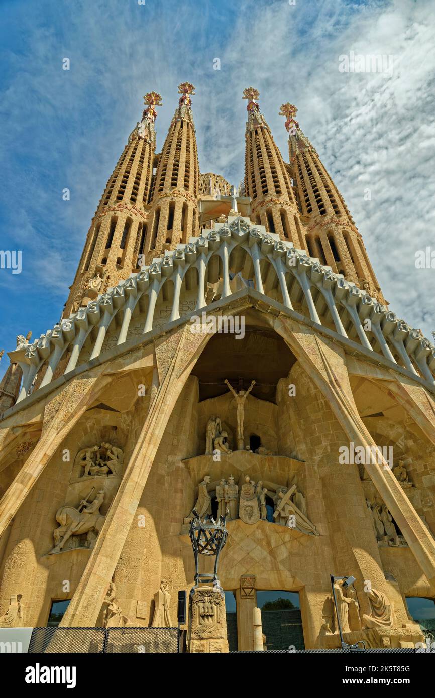 The south face of the Sagrada Familia, Basílica de la Sagrada Familia designed by Antoni Gaudi in Barcelona Spain. Stock Photo