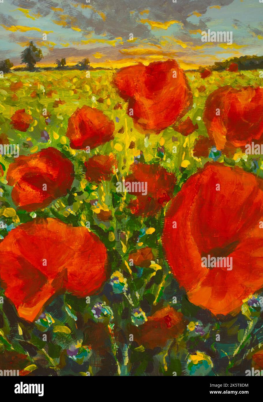 Large red flowers poppies in meadow impressionism Oil painting poppy field at sunset artwork Stock Photo
