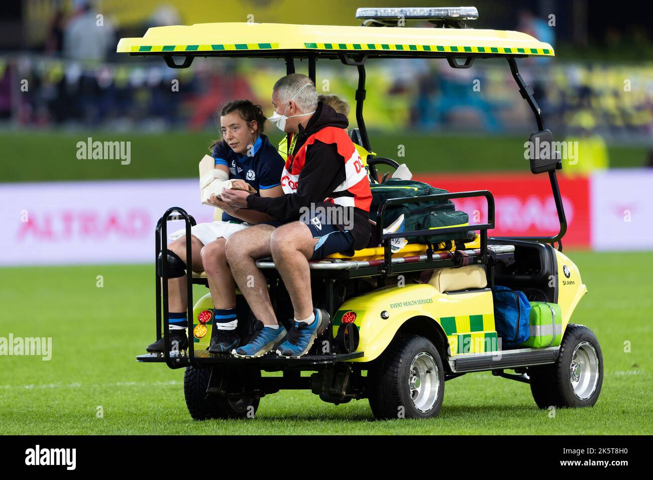 Scotland's Eilidh Sinclair leaves the field injured during the Women's Rugby World Cup group stage match at the Semenoff Stadium, Whangarei. Picture date: Sunday October 9, 2022. Stock Photo