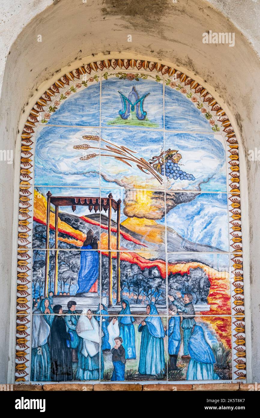 A 19c shrine in the town of Zafferana Etnea on the slopes of Mount Etna, giving thanks for the miraculous stopping of a lava flow in 1792 Stock Photo