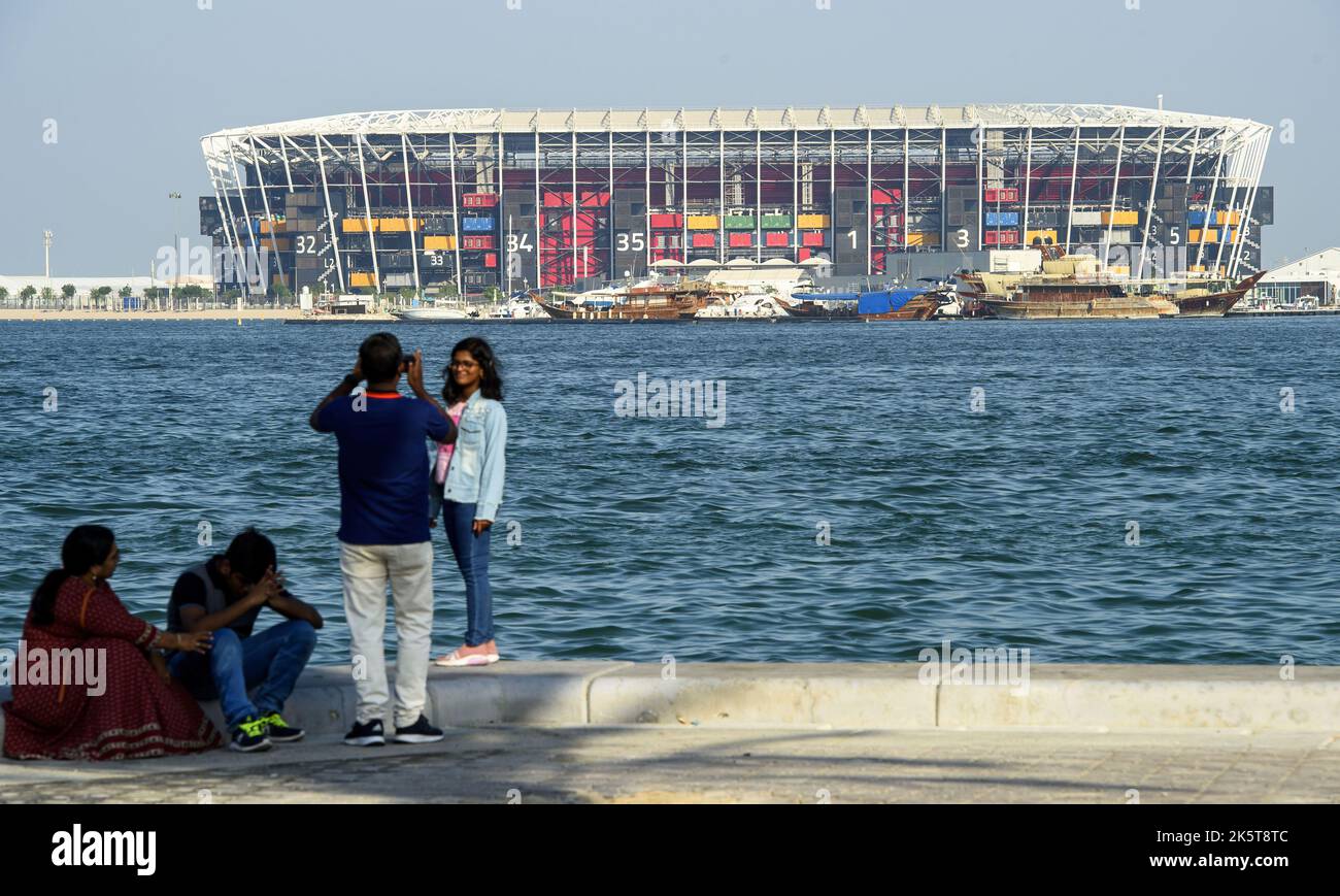 2022-10-07 15:16:31 Photo taken on 07 October 2022. People take photos in front of the Stadium 974 in Doha - Qatar. ahead of the FIFA 2022 World Cup football competition. netherlands out - belgium out Stock Photo