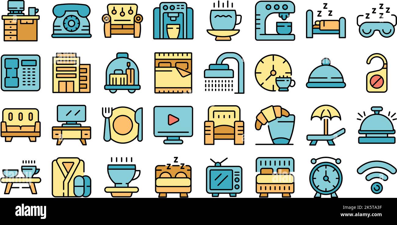 Coffee in bed icons set outline vector. Morning night. Relax breakfast thin line color flat on white Stock Vector