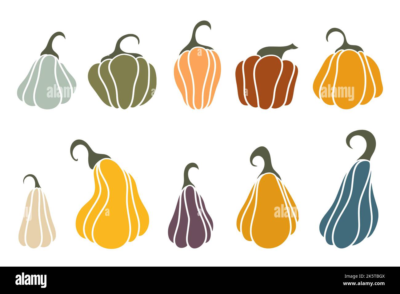 Set colored pumpkins of different shapes. Collection autumn vegetables orange, blue, green color clipart. Fall pumpkin harvest isolated vector Stock Vector