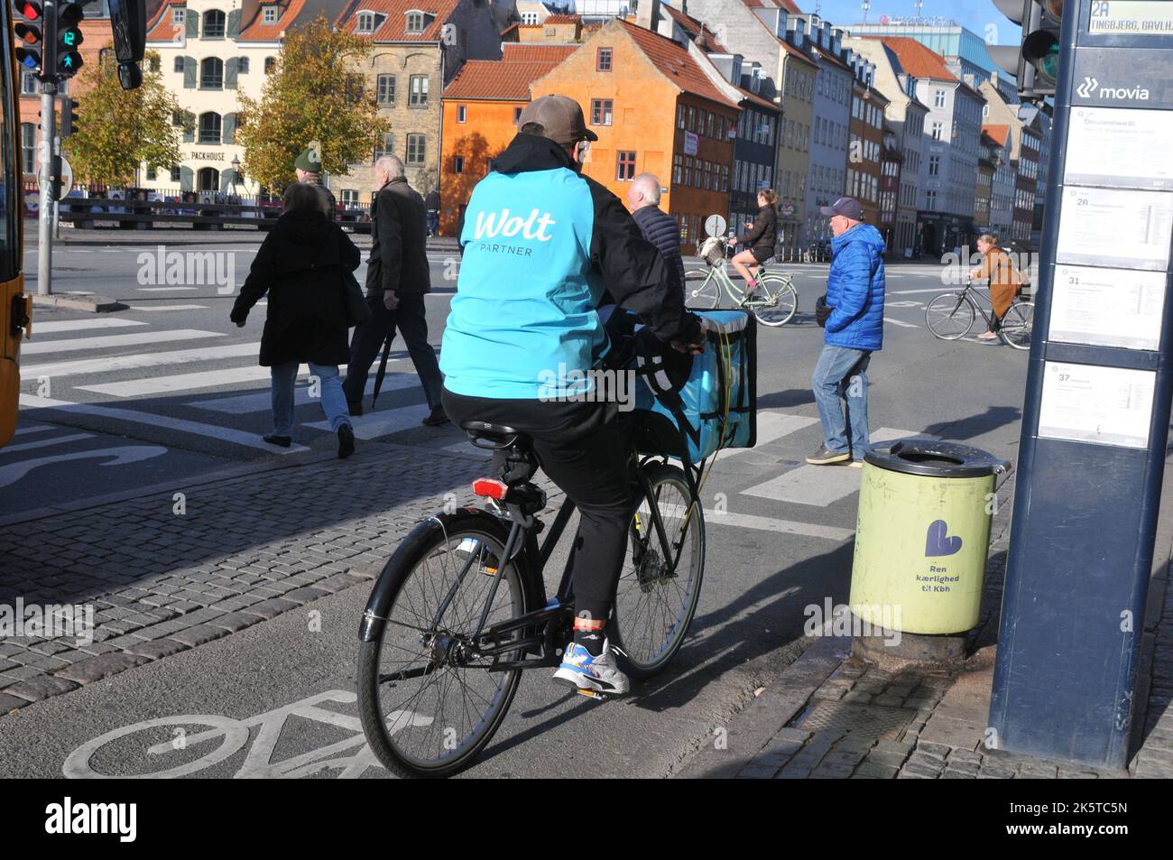 Copenhagen /Denmark/10 October 2022/Wolt food delivery biker in danish capital Copenhagen