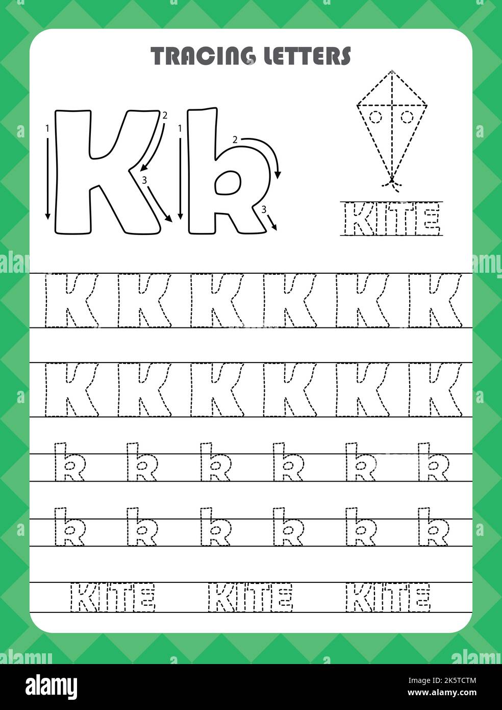 Trace letters of English alphabet and fill colors Uppercase and lowercase K. Handwriting practice for preschool kids worksheet. Stock Vector