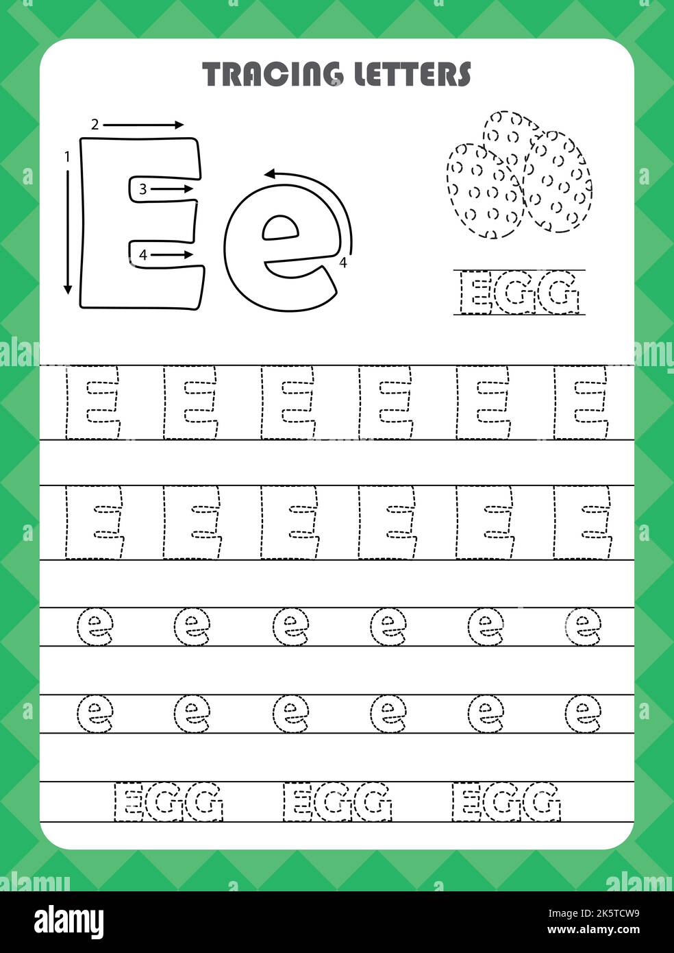 Trace letters of English alphabet and fill colors Uppercase and lowercase E. Handwriting practice for preschool kids worksheet. Stock Vector