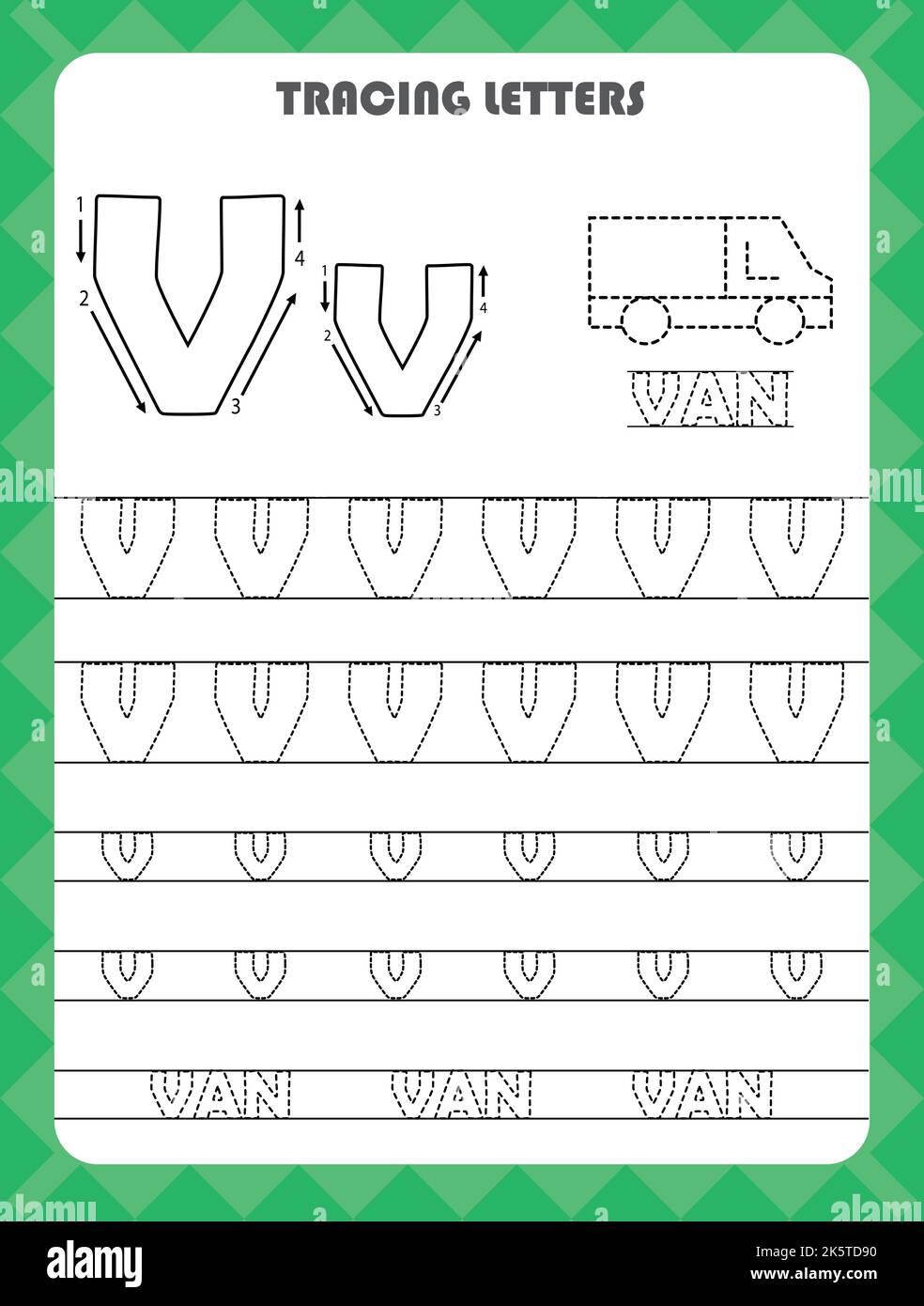 Trace letters of English alphabet and fill colors Uppercase and lowercase V. Handwriting practice for preschool kids worksheet. Stock Vector
