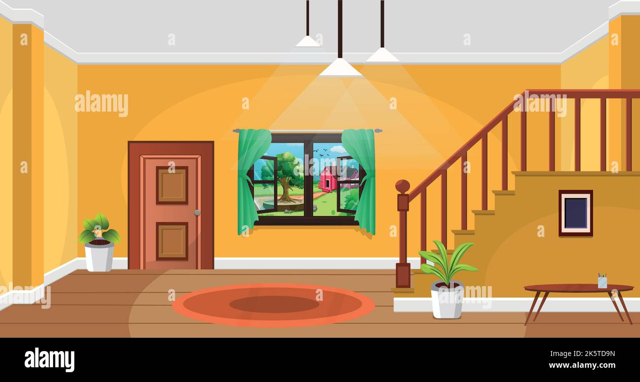 Room inside interior, Cartoon living room, House with furniture, stairs, Teenage luxury room, Kid or child home. Stock Vector