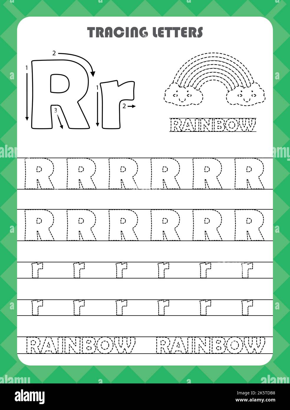 Trace letters of English alphabet and fill colors Uppercase and lowercase R. Handwriting practice for preschool kids worksheet. Stock Vector