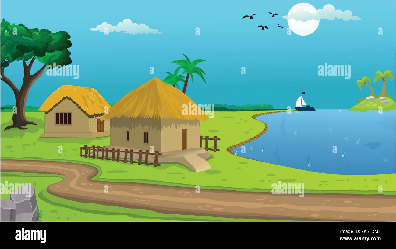 Village cartoon background illustration with old style cottage, lake, well, trees, narrow road, mountains and green grass. Stock Vector