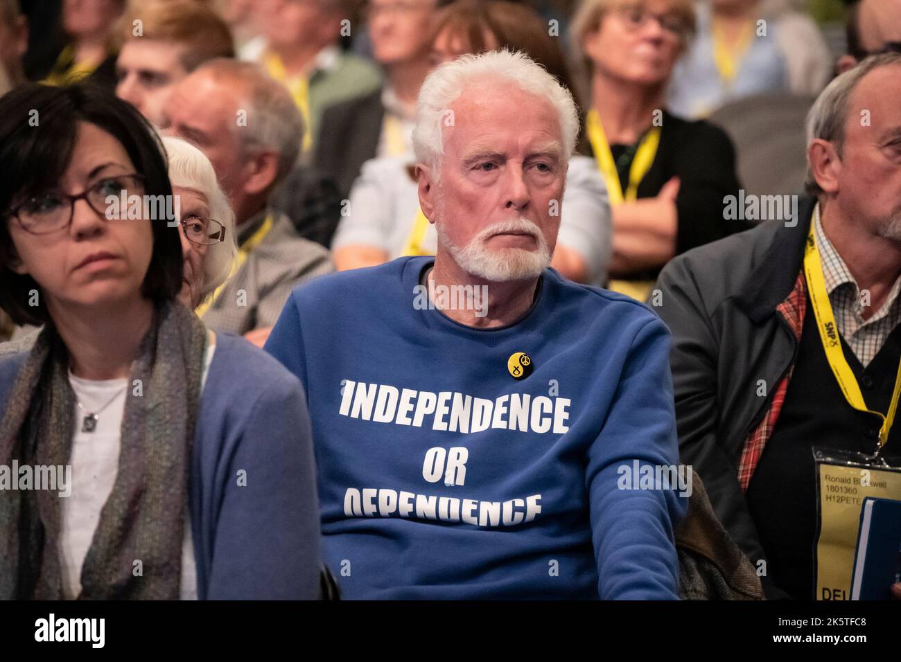 Aberdeen, Scotland, UK. 10th October 2022. Delegate with pro Independence sweatshirt the Scottish National Party Conference on day three in Aberdeen, Scotland. Because of the Covid pandemic this year is the first time Scottish National Party Members have met for a conference since October 2019. Iain Masterton/Alamy Live News Stock Photo