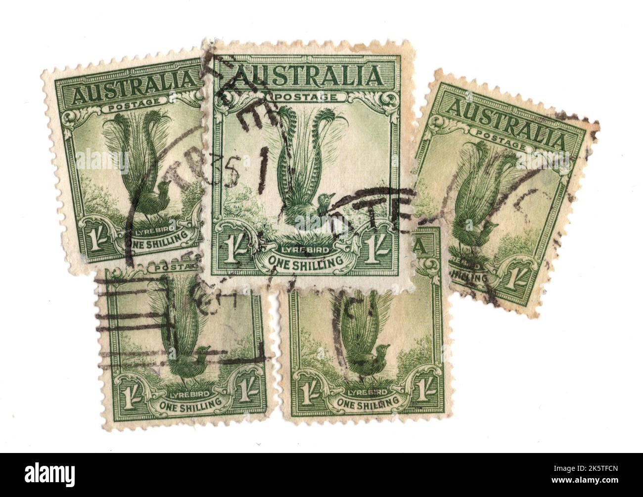 A montage of vintage postage stamps from Australia on a white ...