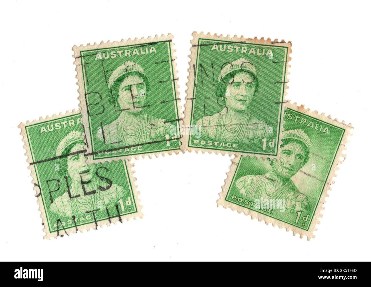 A montage of vintage postage stamps from Australia on a white ...