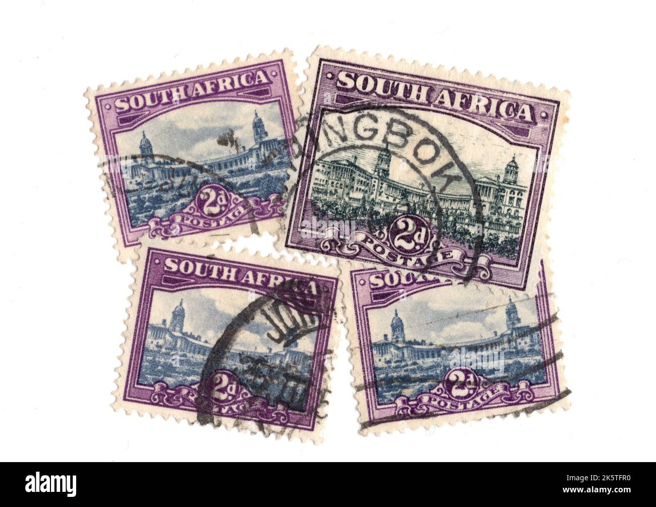 A montage of vintage postage stamps from South Africa on a white