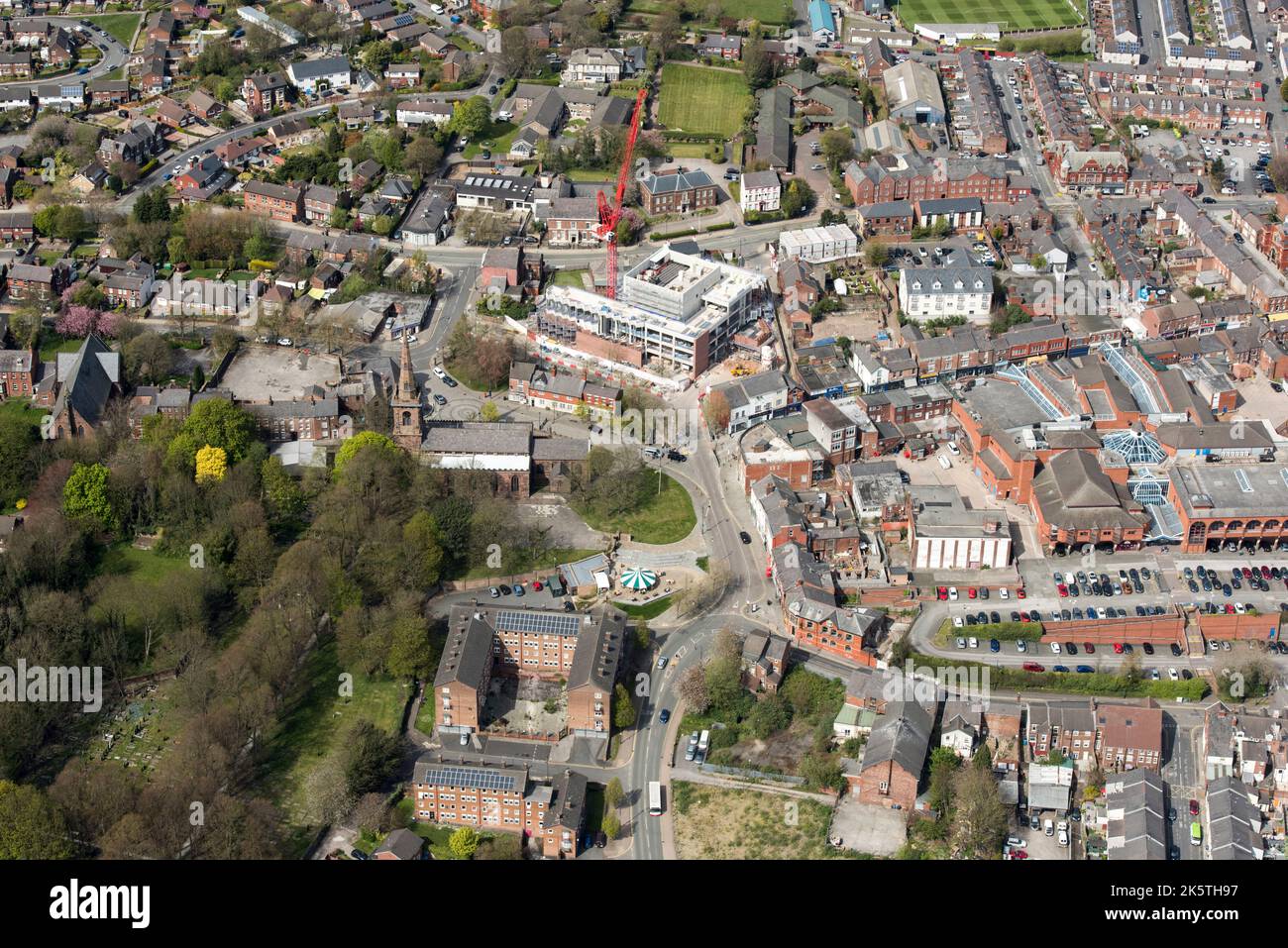 The Shakespeare North Playhouse under construction and Prescot High Street Heritage Action Zone, Knowsley, 2021. Stock Photo