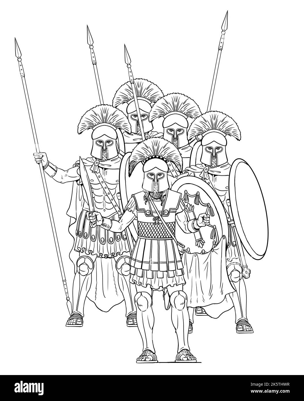 King Leonidas and his Spartans.  Ancient warriors. Drawing with greek hoplites. Stock Photo