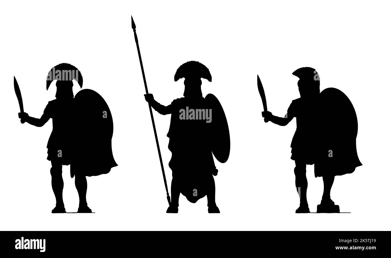 Silhouette with Greek hoplites. Ancient warriors. Drawing with Spartan warrior. Stock Photo