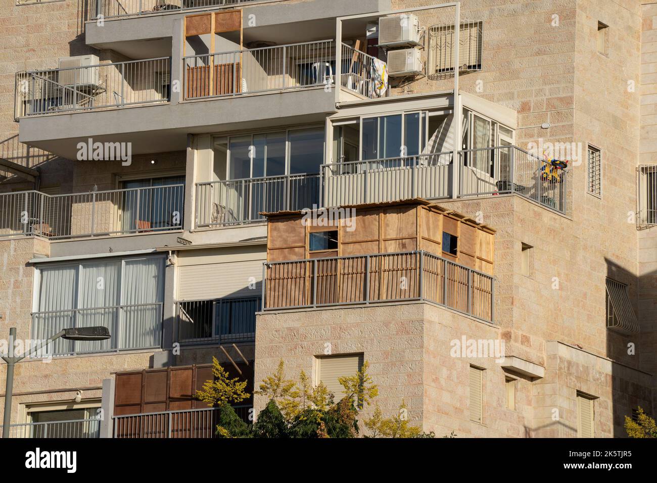 Jerusalem, Israel September 28th, 2022 Wooden sukkot in different