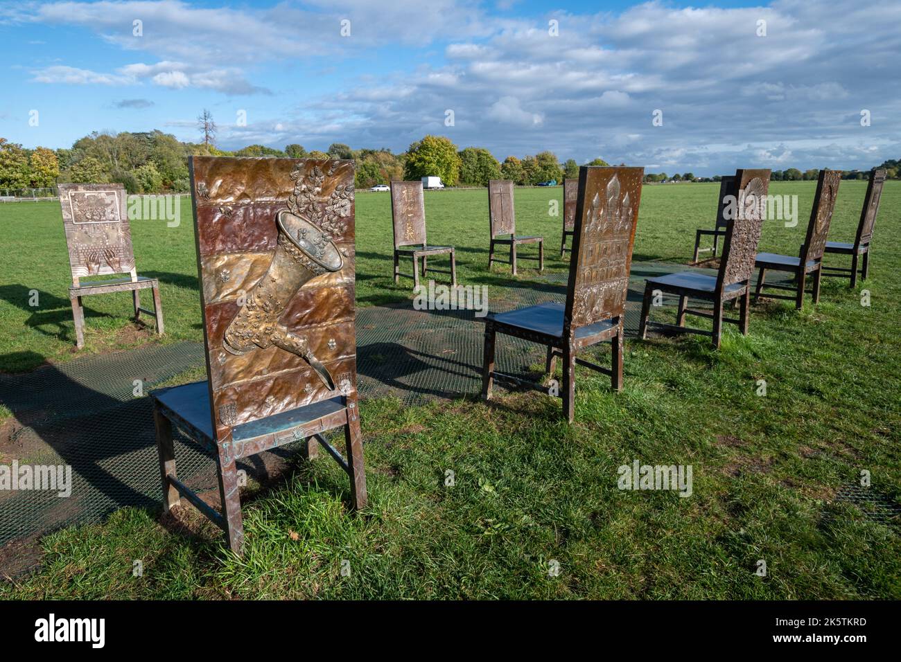 The Jurors artwork by artist Hew Locke on Runnymede meadows, Surrey, England, UK, to mark the 800th anniversary of the sealing of the magna carta Stock Photo