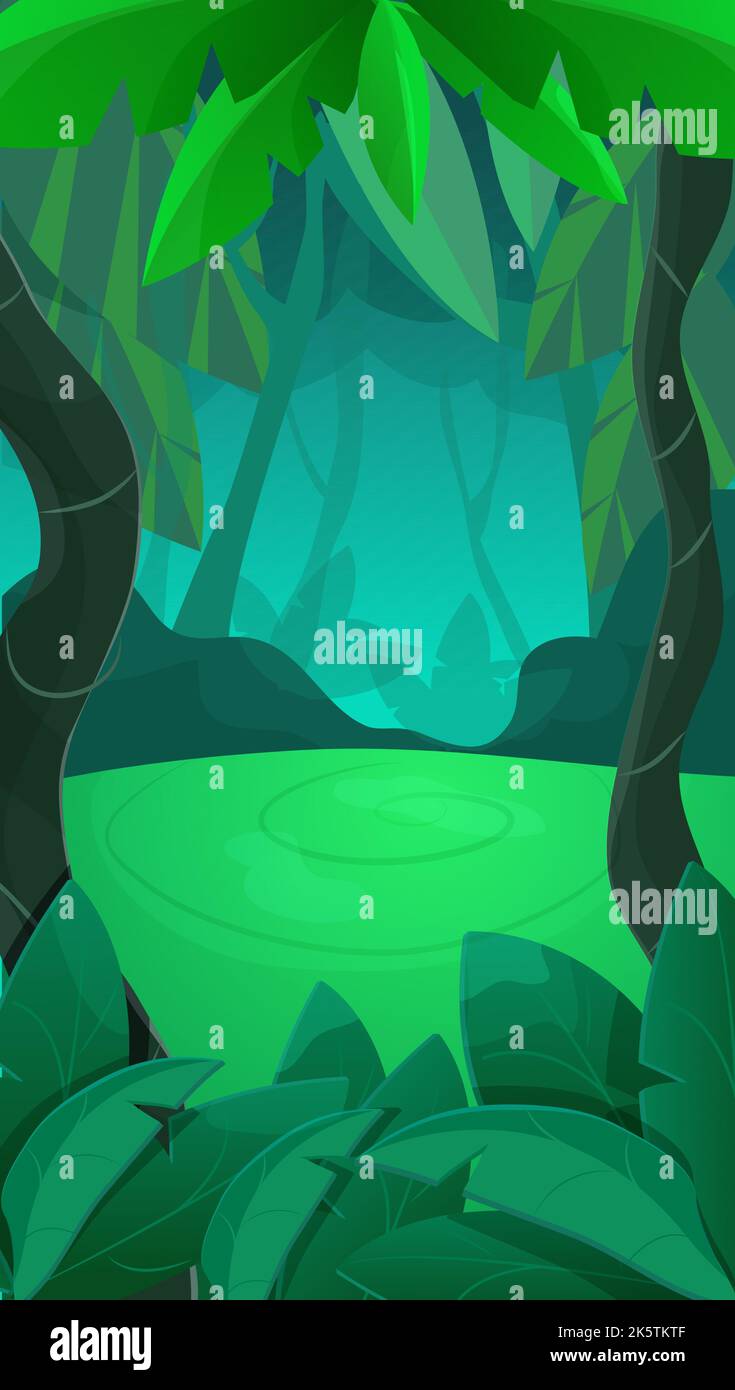 Jungle forest game splash screen, vertical background dark magic night in cartoon style. Ui design elements trees, plants, leaves. Vector illustration Stock Vector