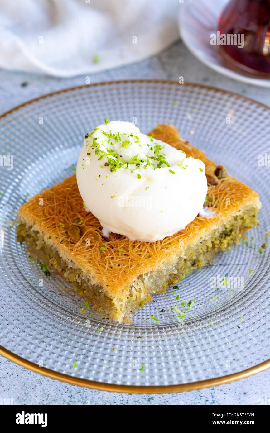 Pistachio Kadaif dessert. Traditional Mediterranean cuisine delicacies ...