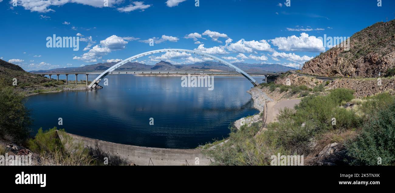 A panoramic view of the Roosevelt Lake Bridge within the Tonto National Forest, Arizona Stock Photo