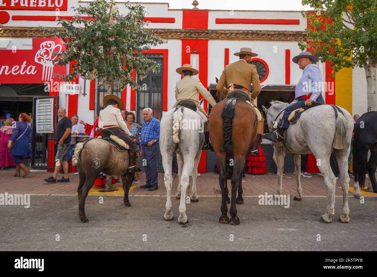 Spanish horsemen, during annual Fair, Feria. Fuengirola, Andalusia. Stock Photo