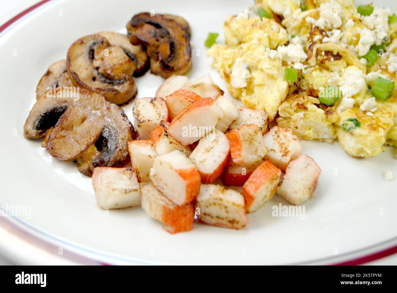 Scallion and Blue Cheese Scrambled Eggs with Side Dishes of Sauteed
