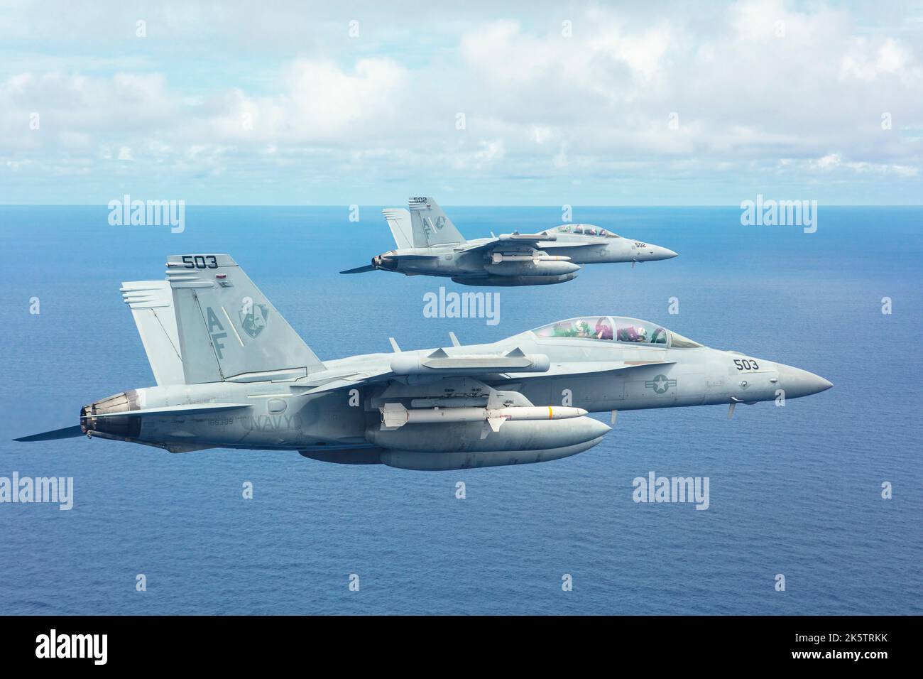 MIRC, United States. 30 August, 2022. U.S. Navy EA-18G Growler fighter aircraft, attached to the Star Warriors of  Electronic Attack Squadron 209, prepare to fire AGM-88 High Speed Anti-Radiation Missiles at the Mariana Islands Range Complex, August 30, 2022 near Guam. Stock Photo