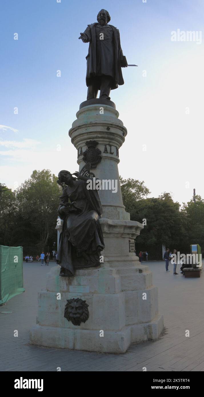 Plaza de Jose Zorrilla with a statue to the poet of the same name with people walking on a warm October evening Valladolid Castile and Leon Spain Stock Photo