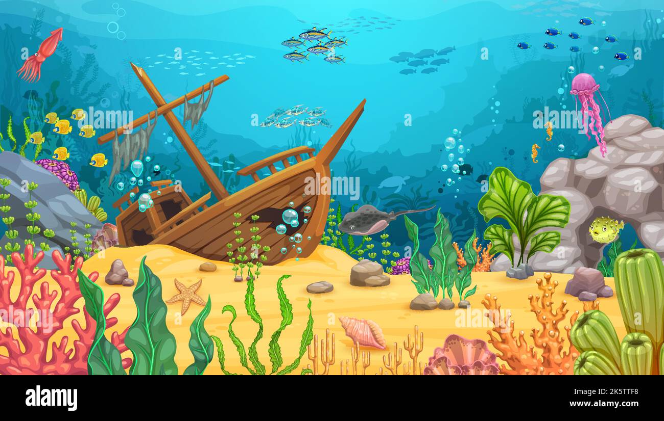 Cartoon underwater landscape with sunken sail ship, vector undersea game level. Shipwreck or pirate frigate wrecks under water of deep sea coral reef with fishes, octopus or jellyfish in ocean seaweed Stock Vector