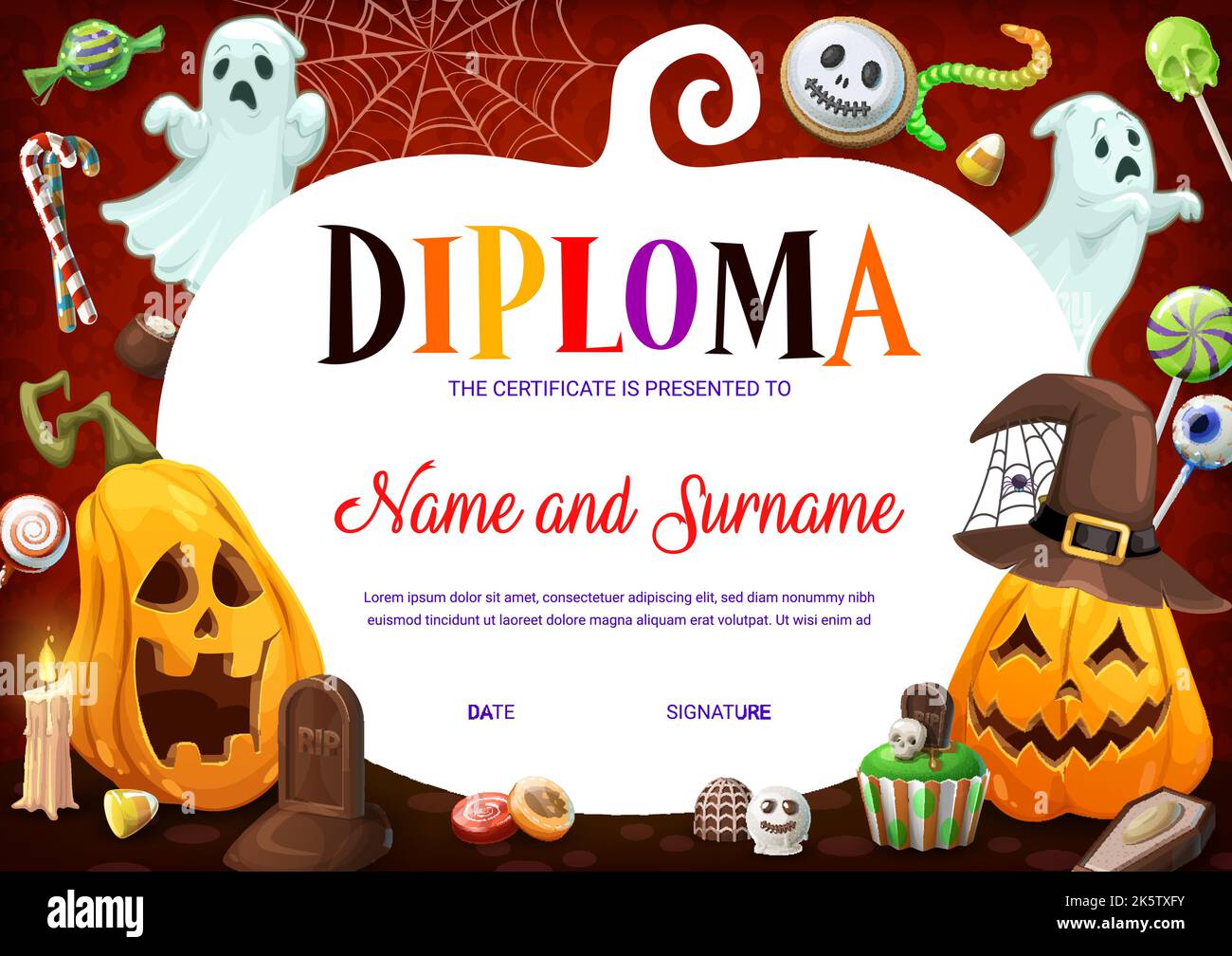 Kids diploma. Cartoon Halloween pumpkins, candies and cobweb. Children