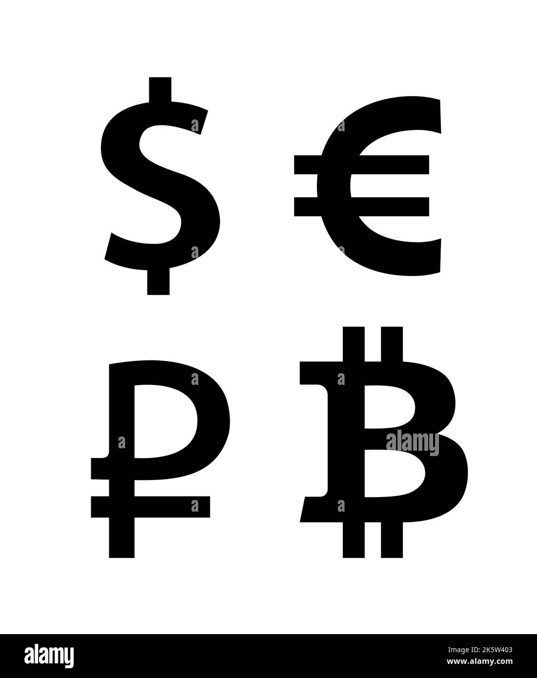 Set of currency symbols - Vector flat icons in black color isolated on white background. Stock Vector