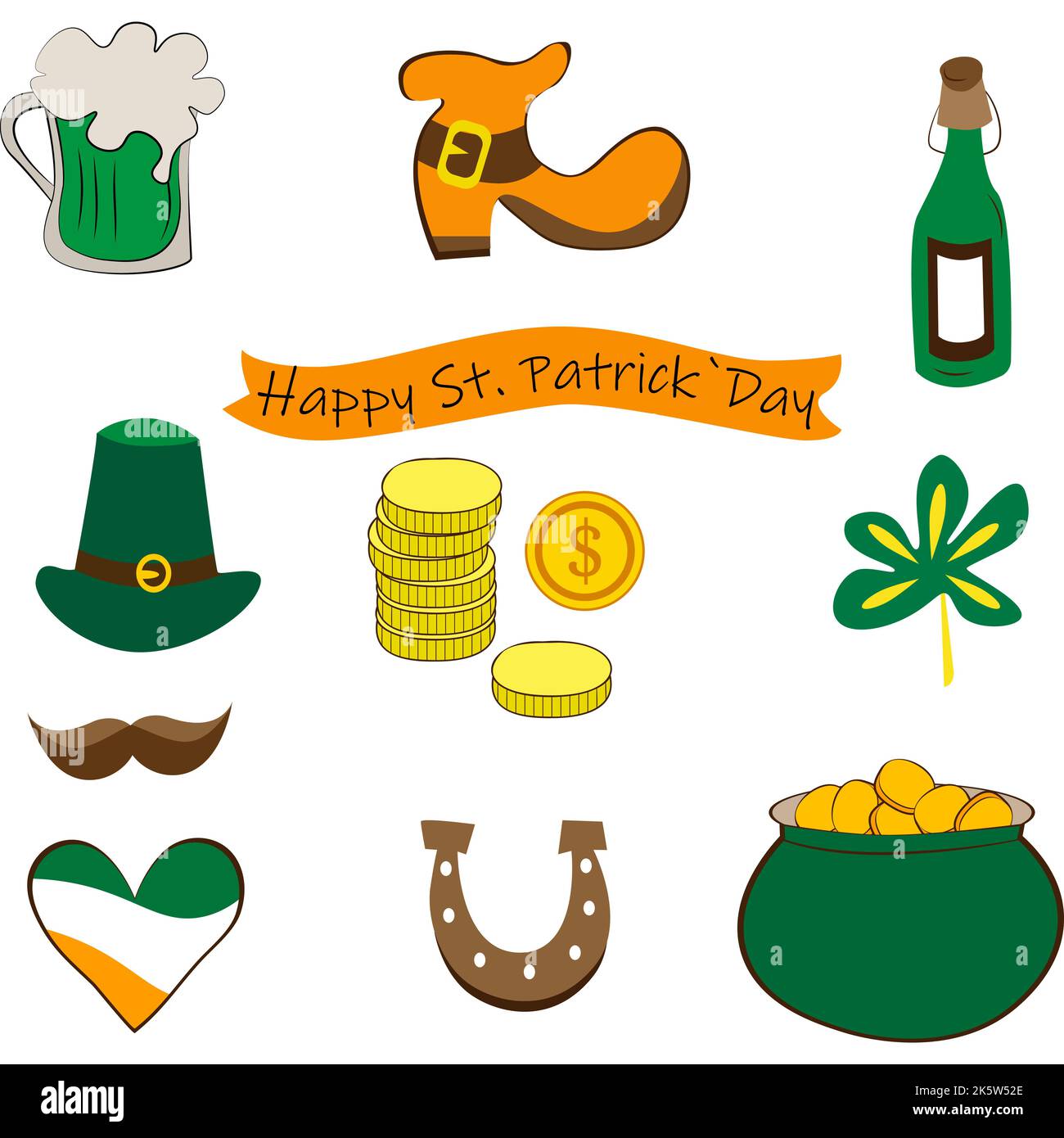 Collection of traditional symbols of St. Patrick.  Irish green hat, beer mug, shoe, bottle, shamrock, coin, heart, mustache, horseshoe and pot. Vector Stock Vector