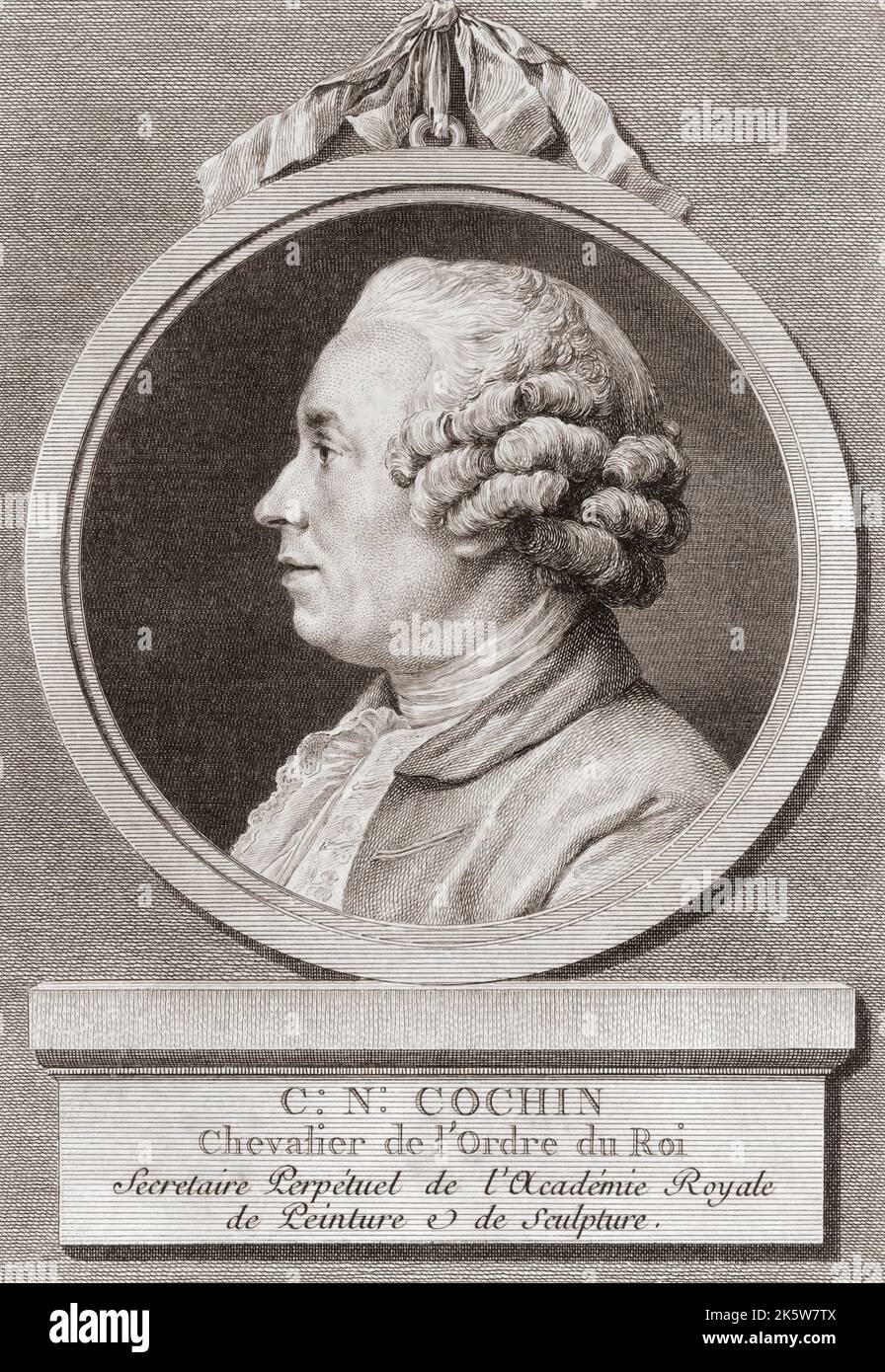 Charles-Nicolas Cochin, 1715 – 1790.  French engraver and author.  Also known as: Charles-Nicolas Cochin le Jeune (the Younger), Charles-Nicolas Cochin le fils (the son), or Charles-Nicolas Cochin II.  From a print by Augustin de Saint-Aubin after a drawing by Charles Nicolas Cochin II. Stock Photo