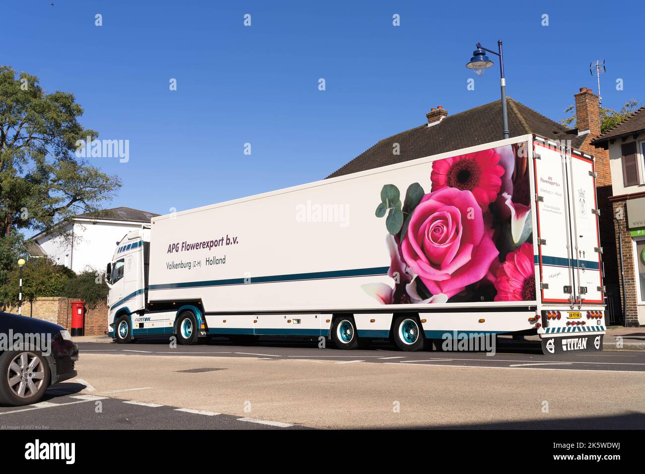 rear side view of APG Flowerexport bv Volkenburg , Holland HGV lorry seen at sevenoaks Kent England Stock Photo