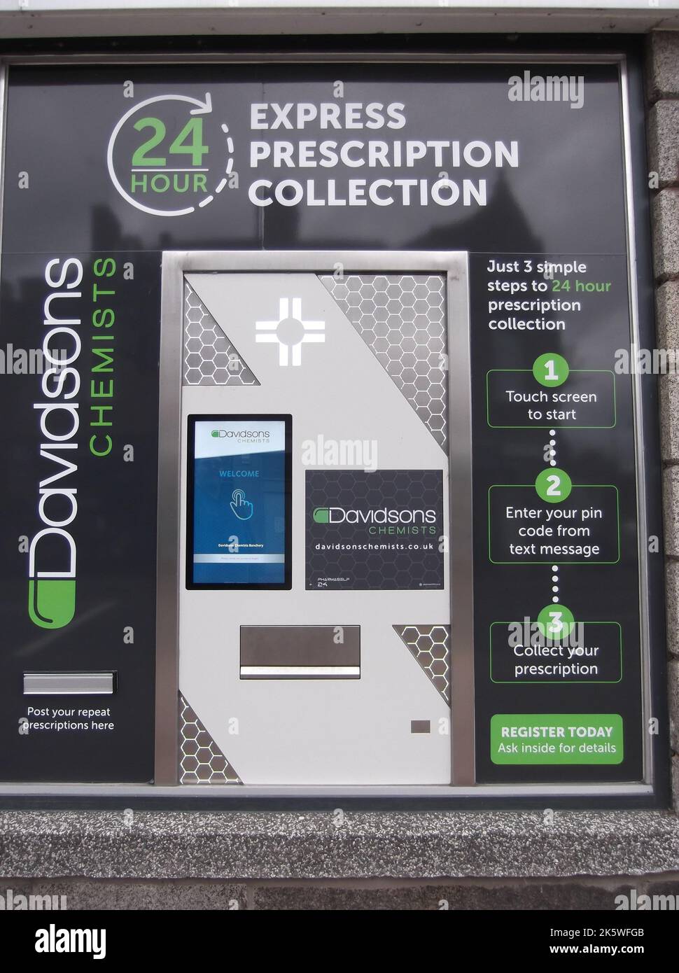 24 hours express prescription collection, automated prescription dispensing machine, Banchory, Scotland, UK Stock Photo