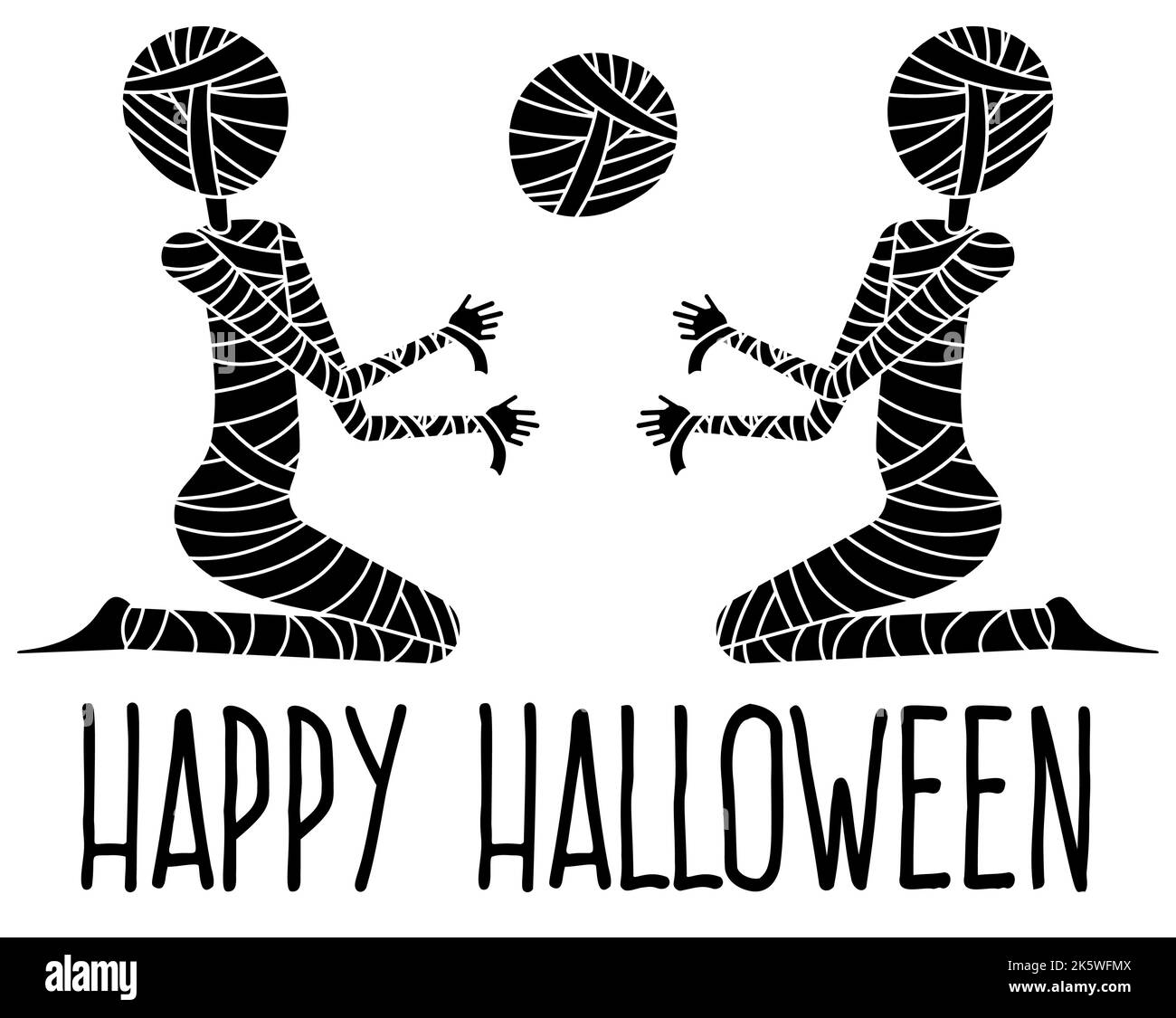 Happy Halloween. Lettering and two mummies playing ball. Black and ...