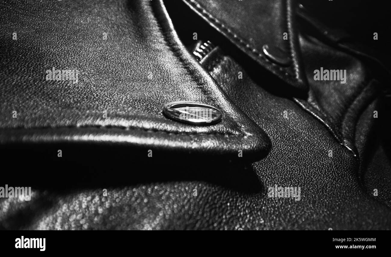 Black leather jacket details. Closeup Stock Photo Alamy
