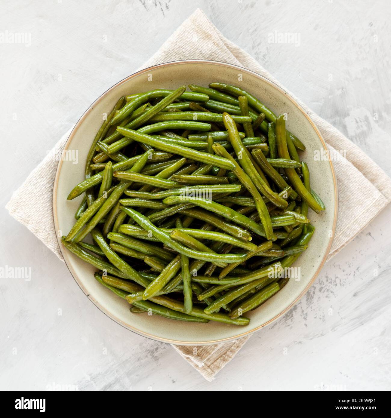 Homemade Sauteed Green Beans on a Plate, top view. Flat lay, overhead ...