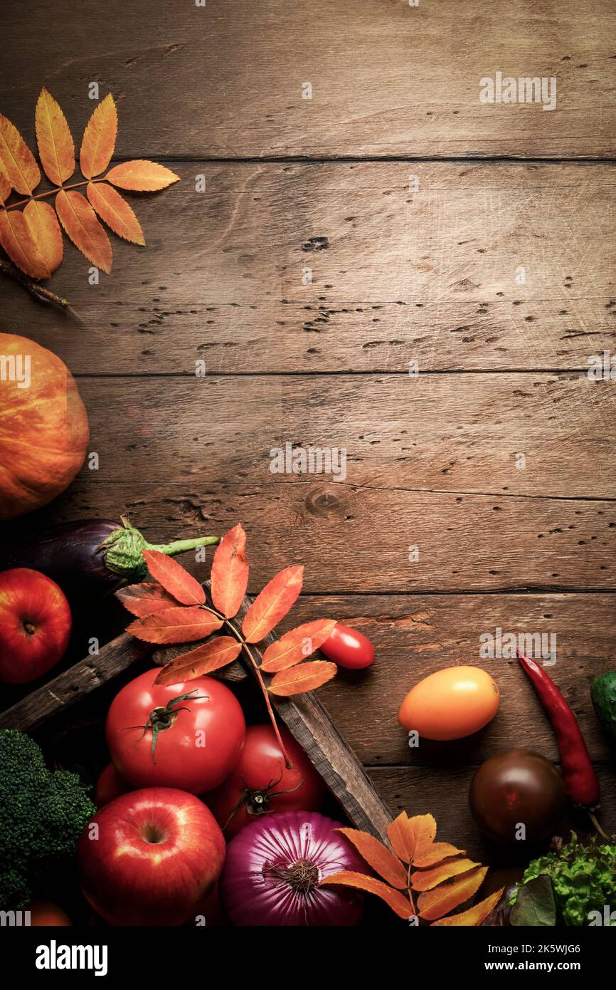 fruits and vegetables rustic background copy space, vertical postcard ...