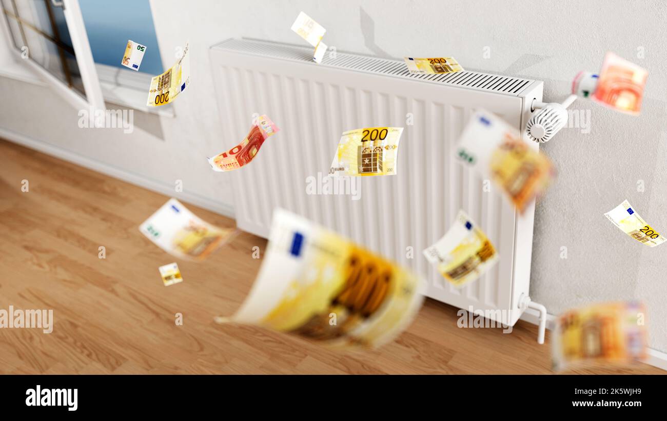 From above of euro banknotes falling with white radiator on wall in ...