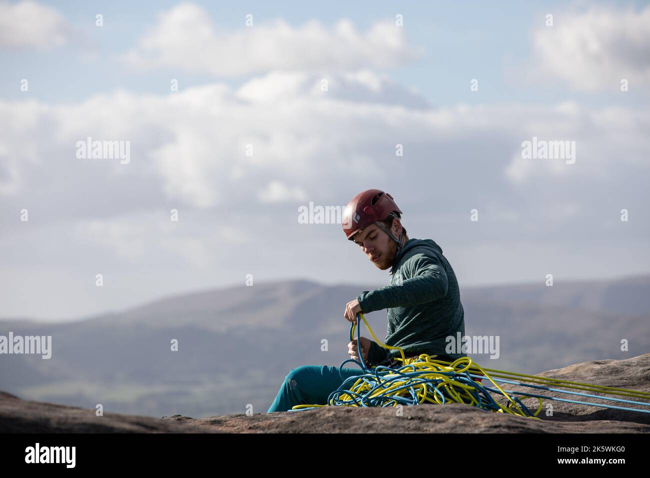 Rock climbing on Stanage Edge, Peak District, England. 8th October 2022