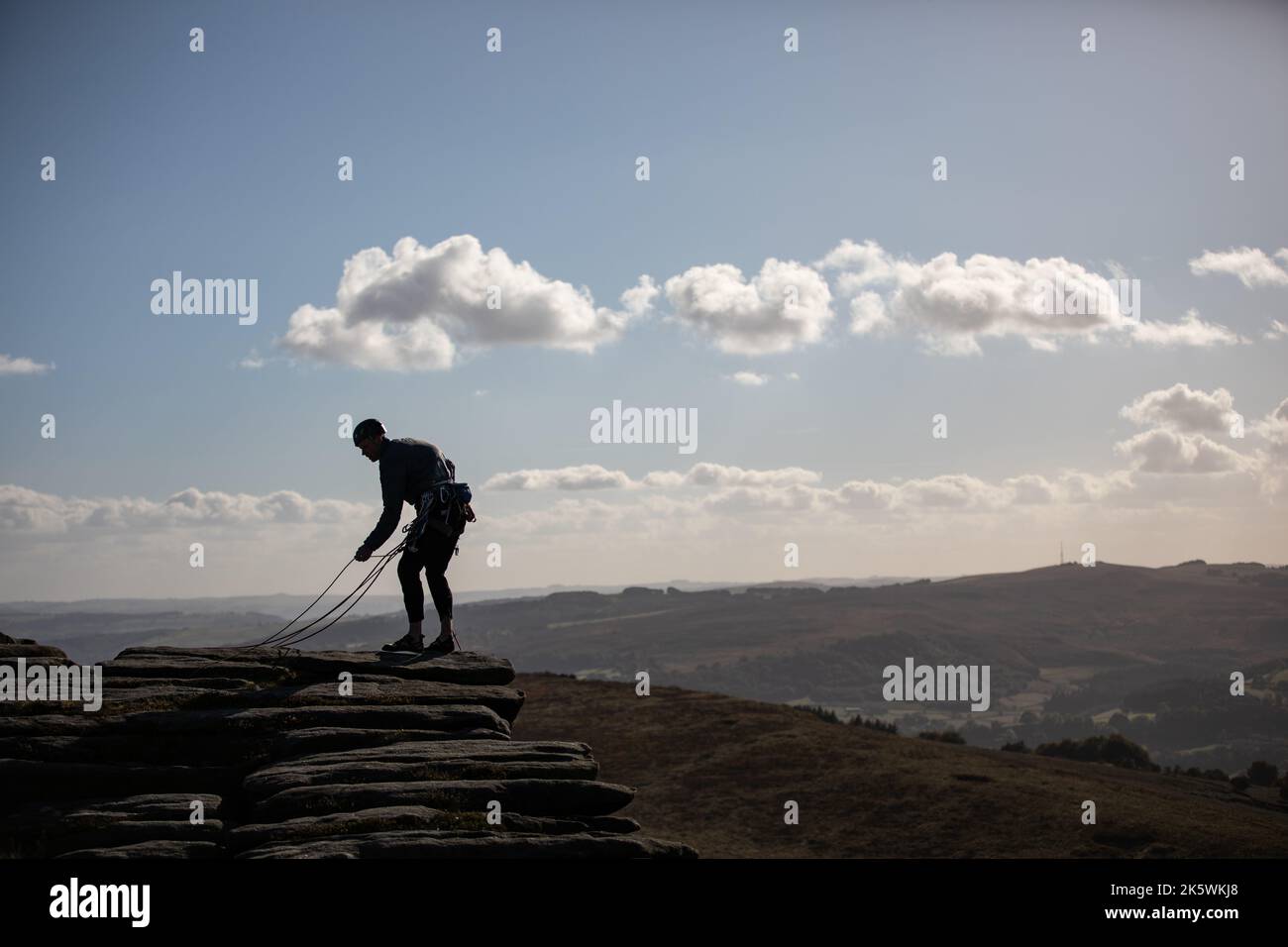 Rock climbing on Stanage Edge, Peak District, England. 8th October 2022. Stock Photo